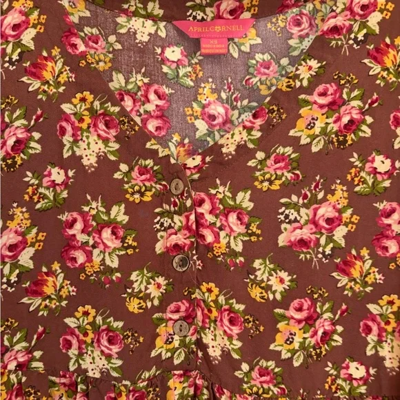 April Cornell Pink Floral Brown Blouse and Skirt Set - Picture 2 of 3